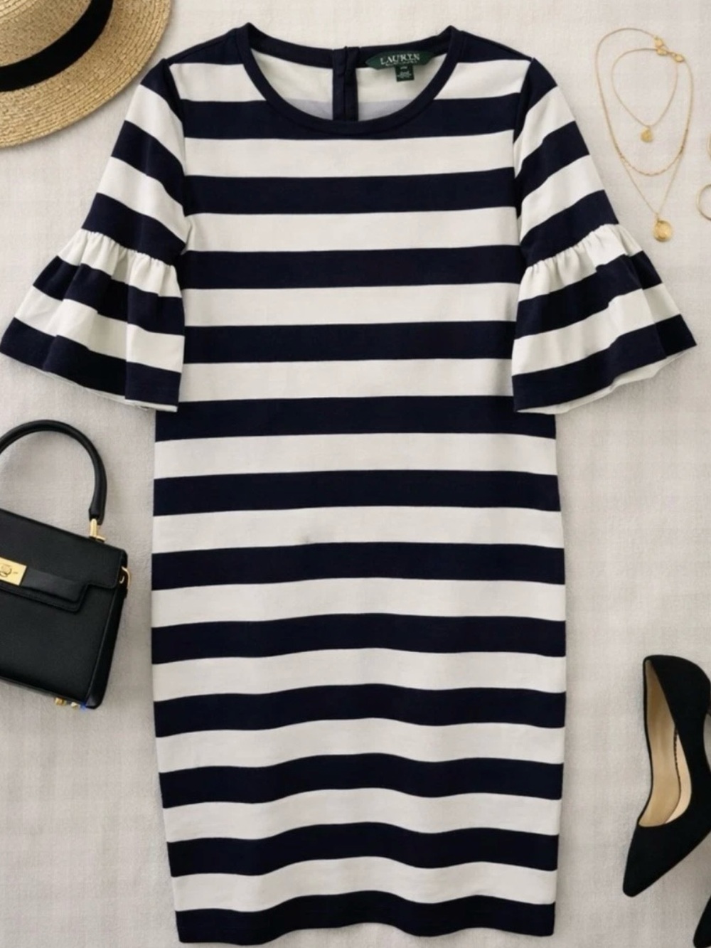 Lauren Ralph Lauren Navy & White Striped Ruffle-Sleeve Midi Dress